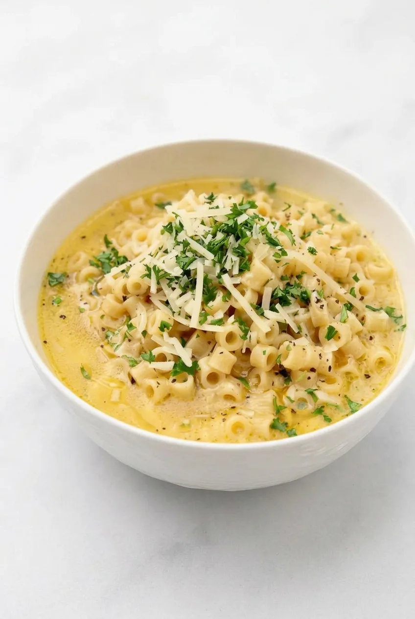 Wide serving view of creamy Parmesan pasta soup in a white bowl with ditalini, chicken, Parmesan, and parsley.