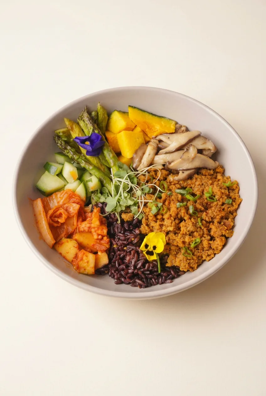 Wide serving view of a composed black rice harvest bowl with colorful vegetable sections and ginger vinaigrette.