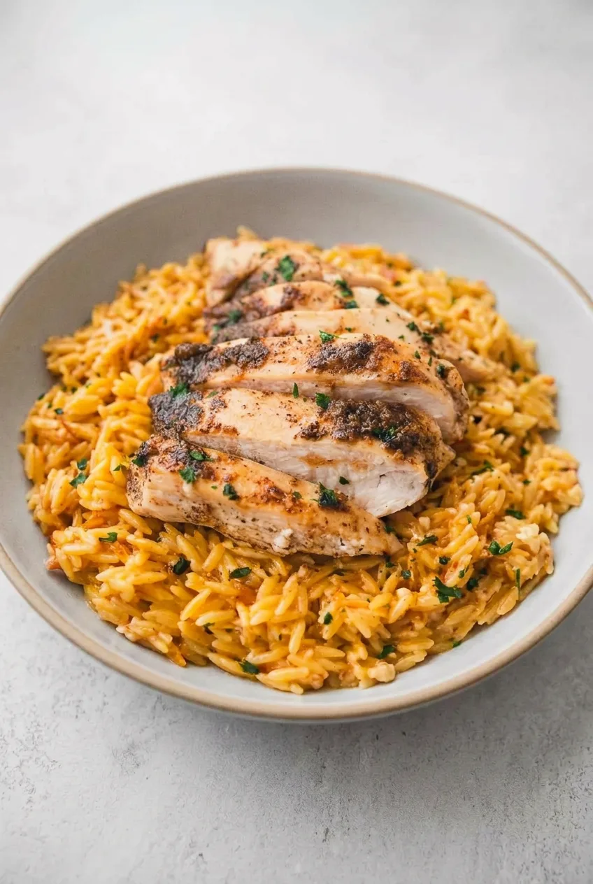 Wide shallow bowl of creamy lemon chicken orzo with sliced seared chicken on a pale stone surface.