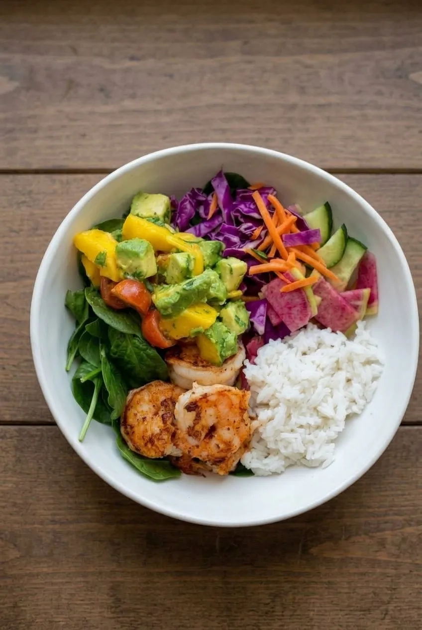 Wider view of a complete shrimp avocado mango rice bowl with colorful vegetables arranged in separate sections.