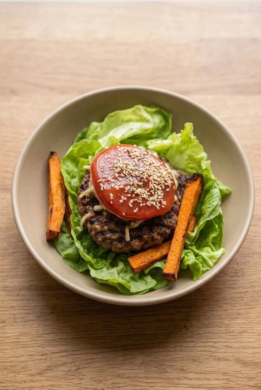 Complete sweet potato burger bowl with beef patty, lettuce, tomato cap, cheddar, and roasted wedges in a shallow bowl.