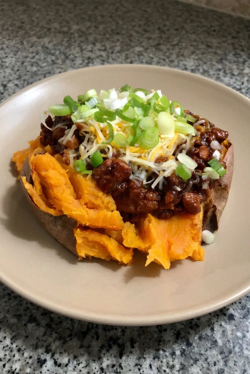 Wider view of a loaded BBQ chicken sweet potato with cheese and green onions on a neutral plate