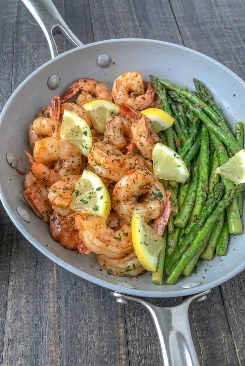 Full skillet of lemon garlic shrimp and asparagus on a dark tabletop