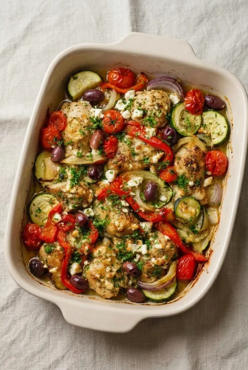 Full baking dish of Mediterranean chicken and zucchini with feta on a neutral tabletop