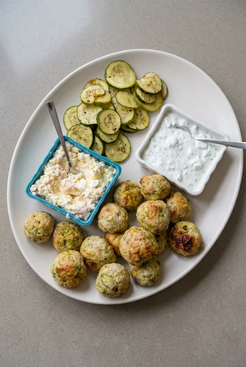 Wide view of a platter of chicken-zucchini meatballs, roasted zucchini and two separate topping bowls