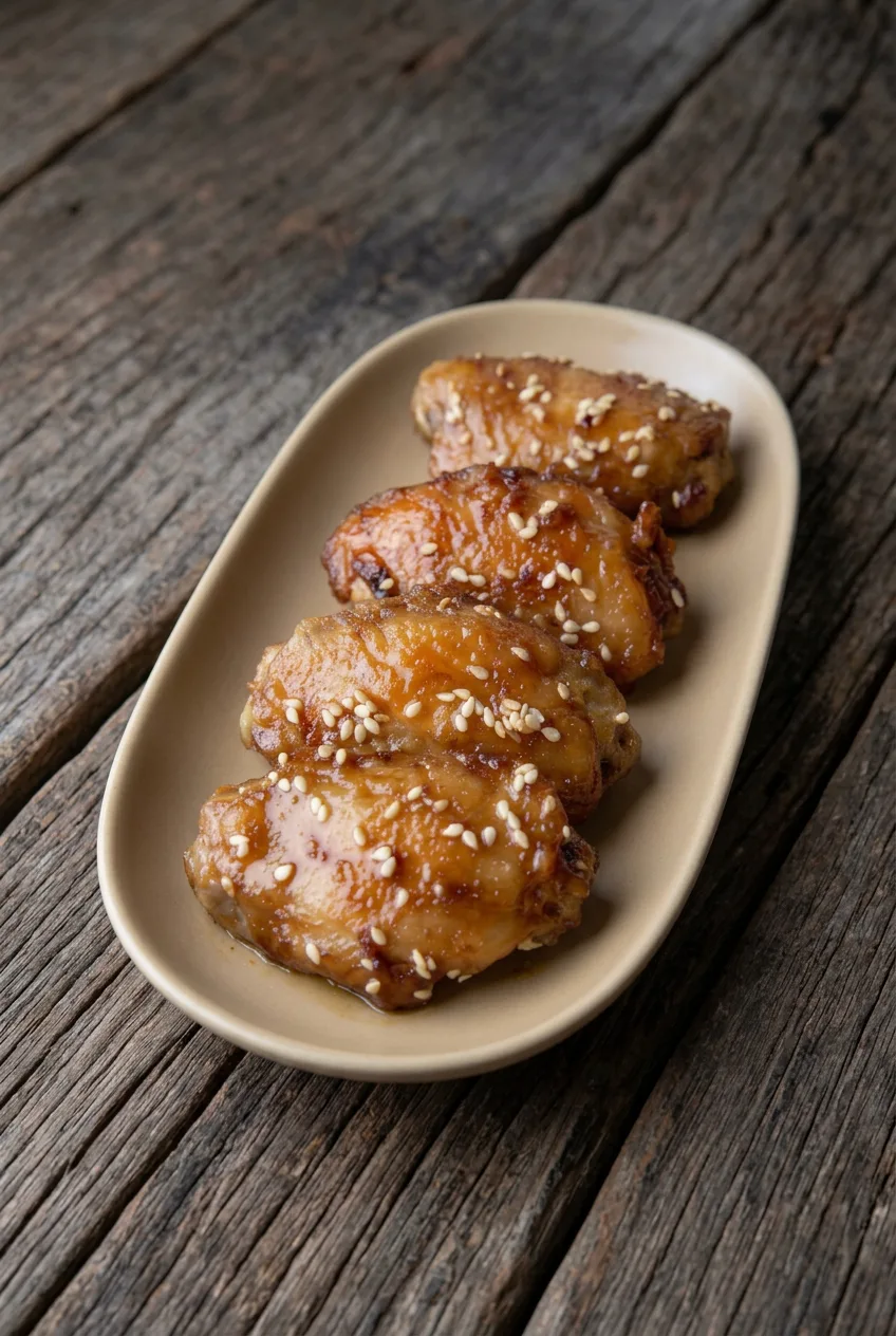Full platter of glazed sesame chicken thighs on a dark wood table