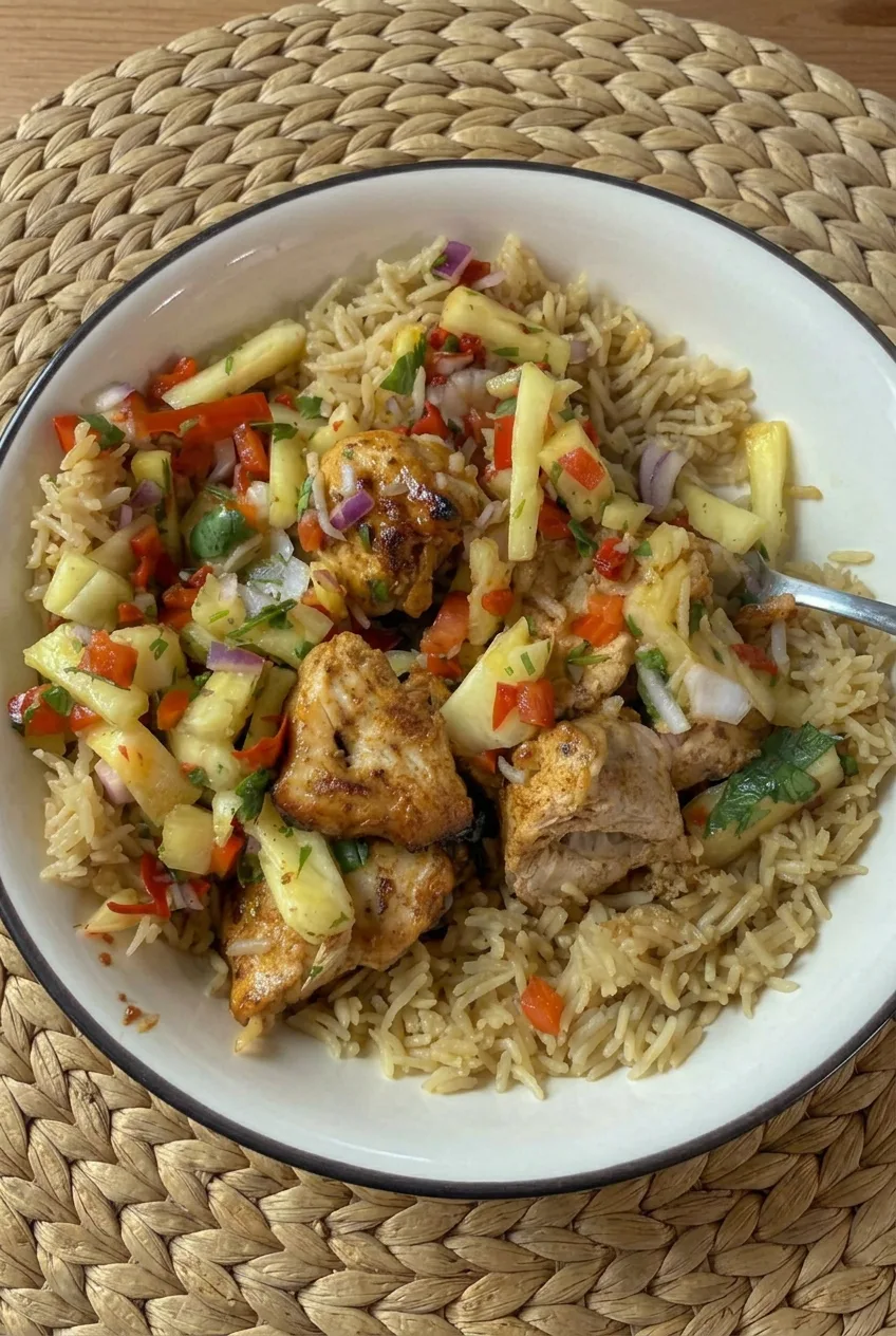 Complete garlic lime chicken and pineapple salsa rice bowl on a neutral tabletop