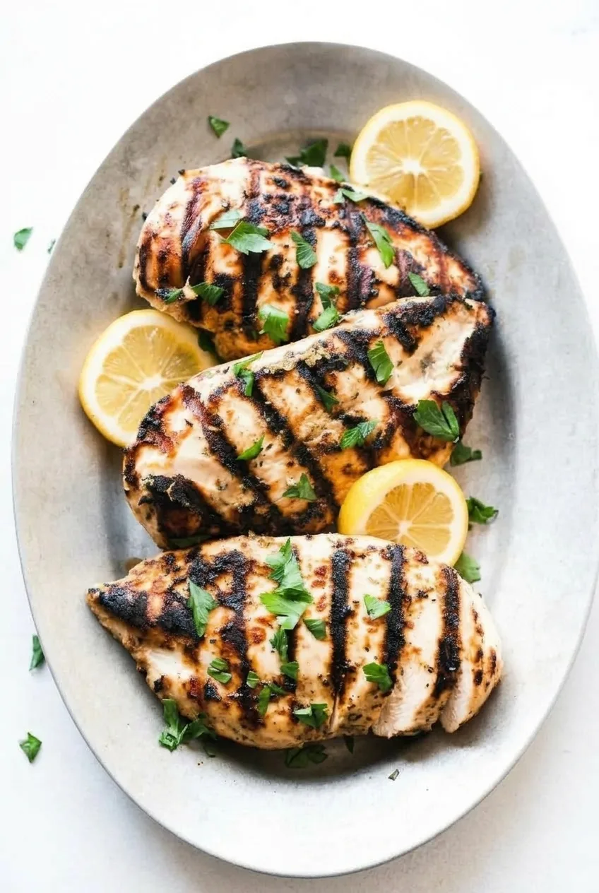 Full platter of three grilled yogurt-marinated chicken breasts with parsley and cut lemon