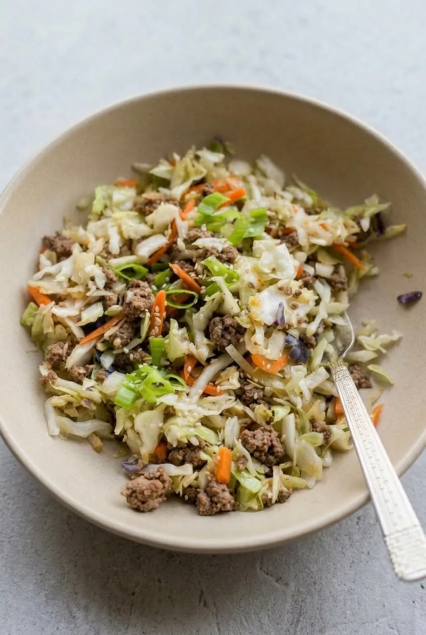 Complete bowl of beef and cabbage egg roll filling on a neutral tabletop