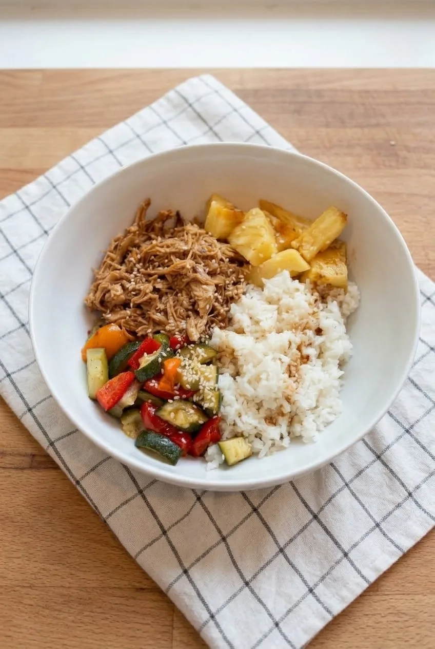 Complete Hawaiian chicken rice bowl on a checked cloth, with pineapple, vegetables, rice, and shredded chicken