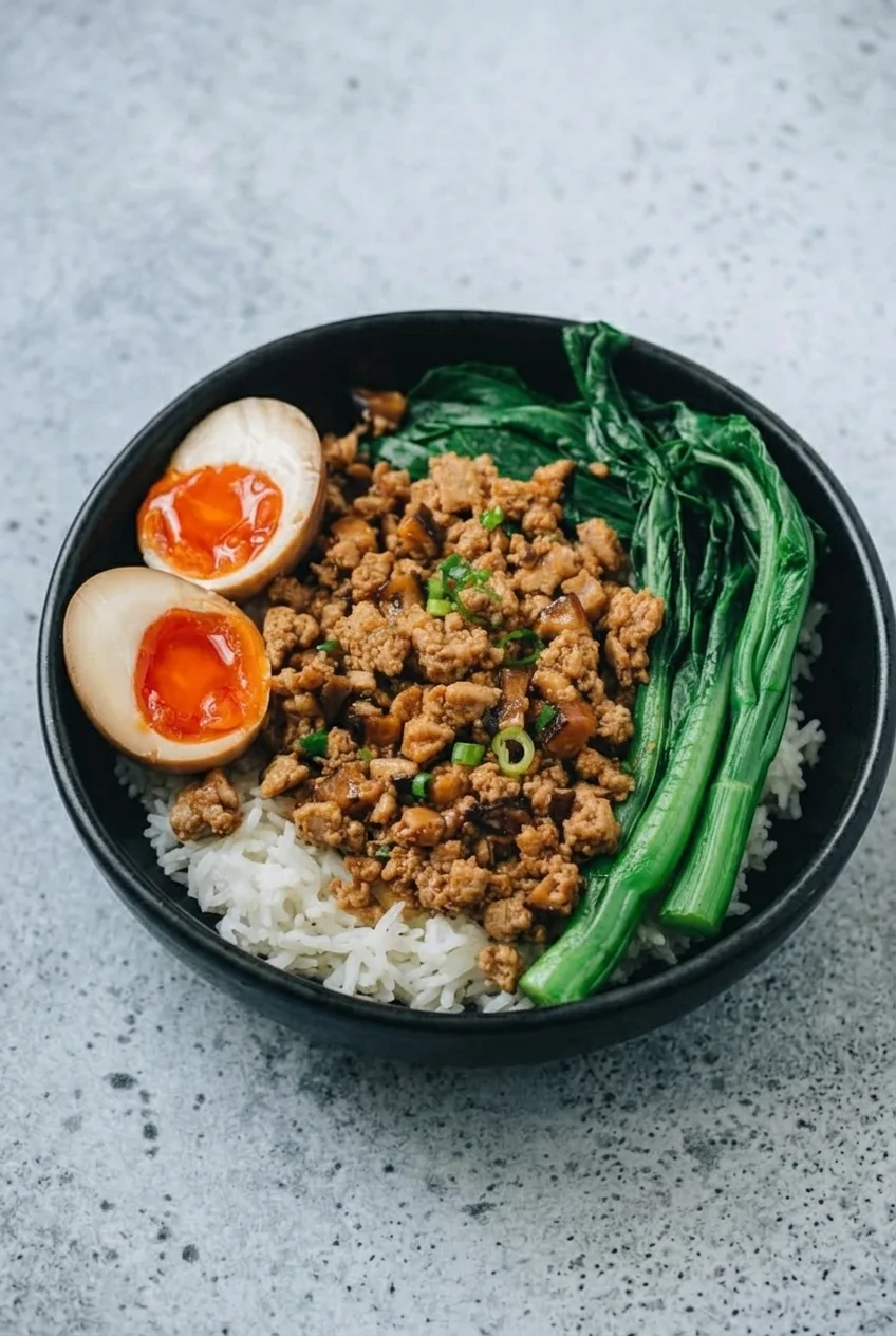 Complete ground chicken rice bowl with greens and egg on a gray tabletop, photographed from a wider view