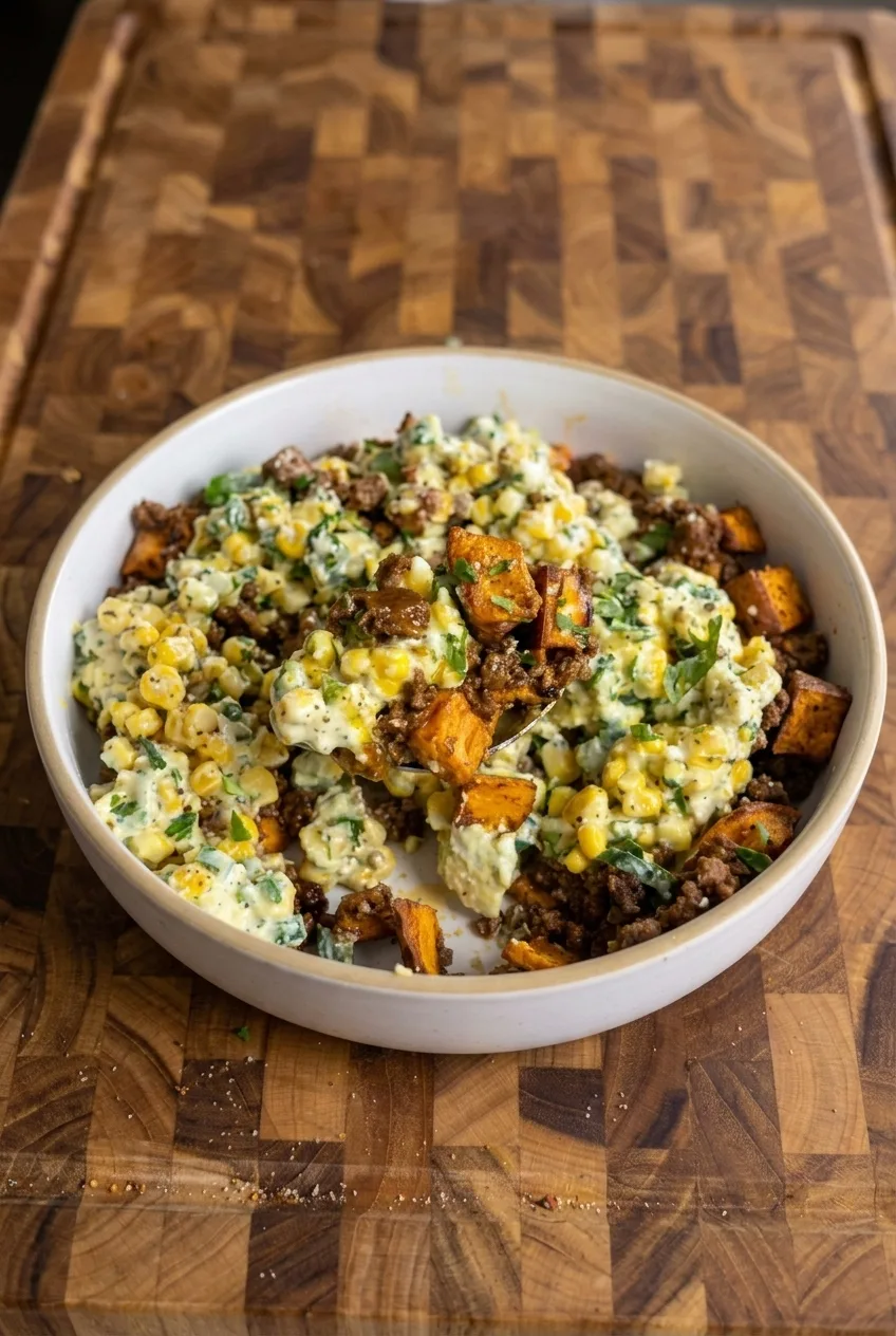 Complete sweet potato, beef, and creamy street corn bowl on a wooden surface
