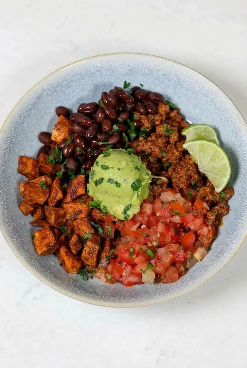 Full sweet potato taco bowl with ground beef, beans, pico, avocado, cilantro, and lime on a light surface