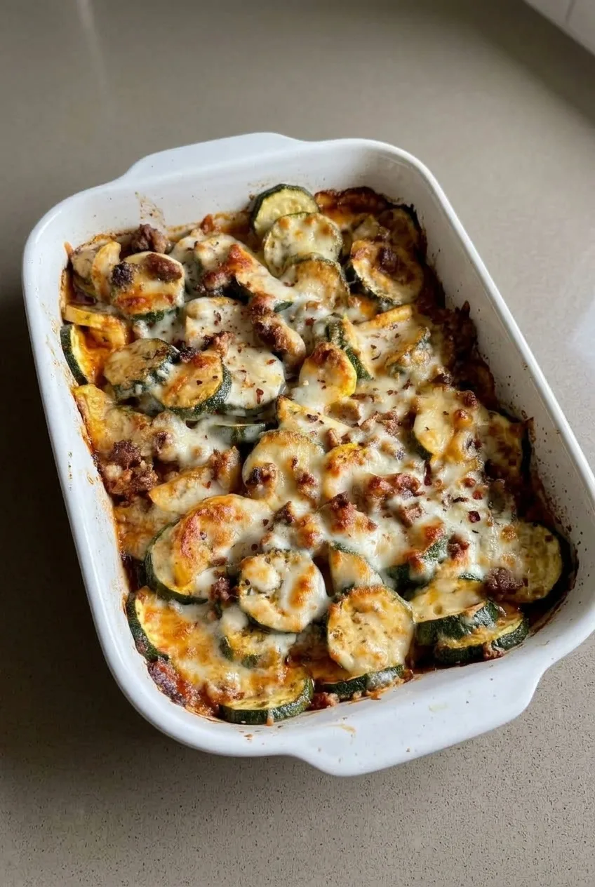 Complete white baking dish of ground beef zucchini bake on a neutral countertop