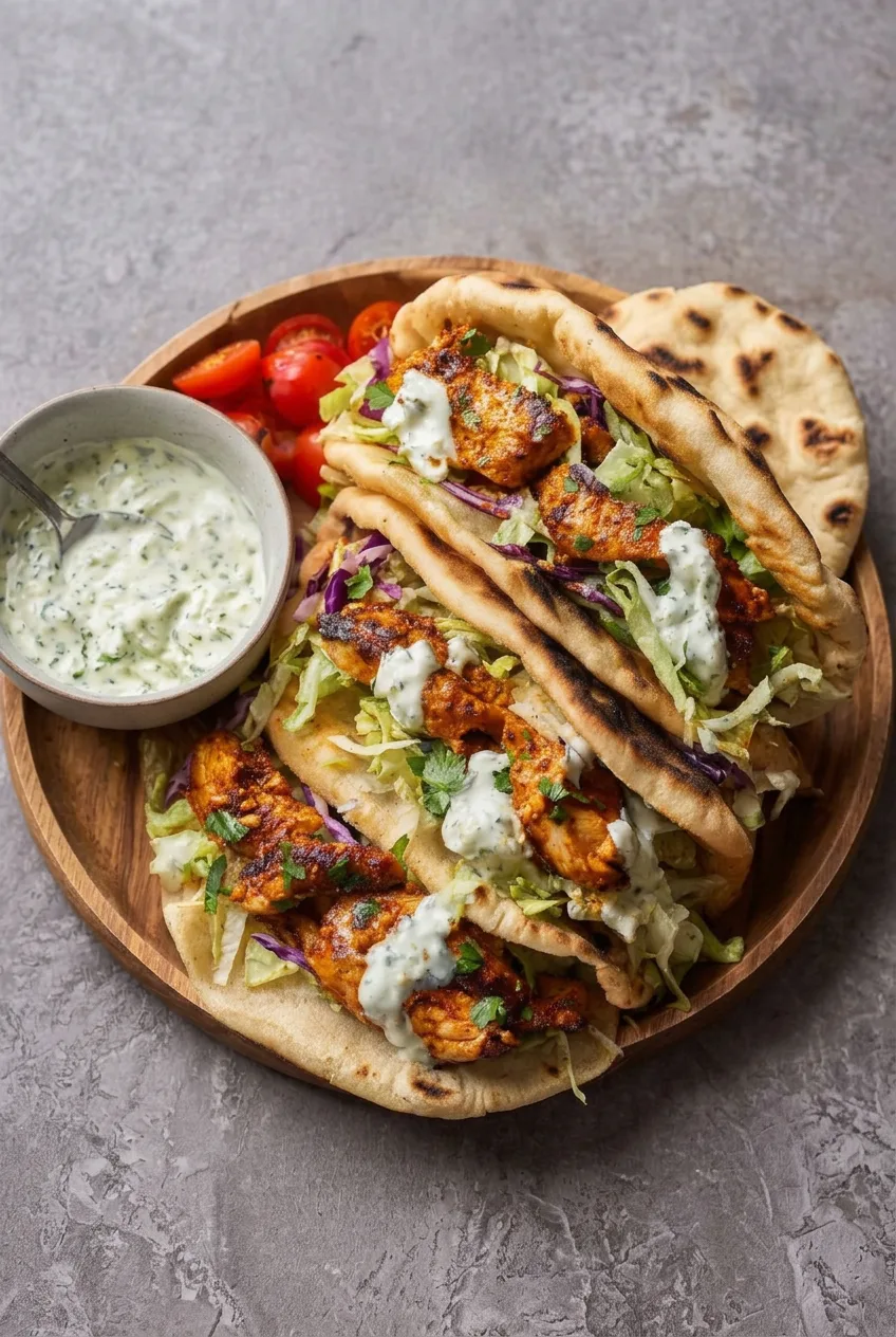 Wider view of four filled sheet pan chicken pitas on a round wooden board