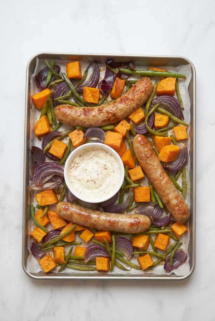 Full sheet pan of sausage, sweet potatoes, green beans and red onion with a bowl of mustard sauce