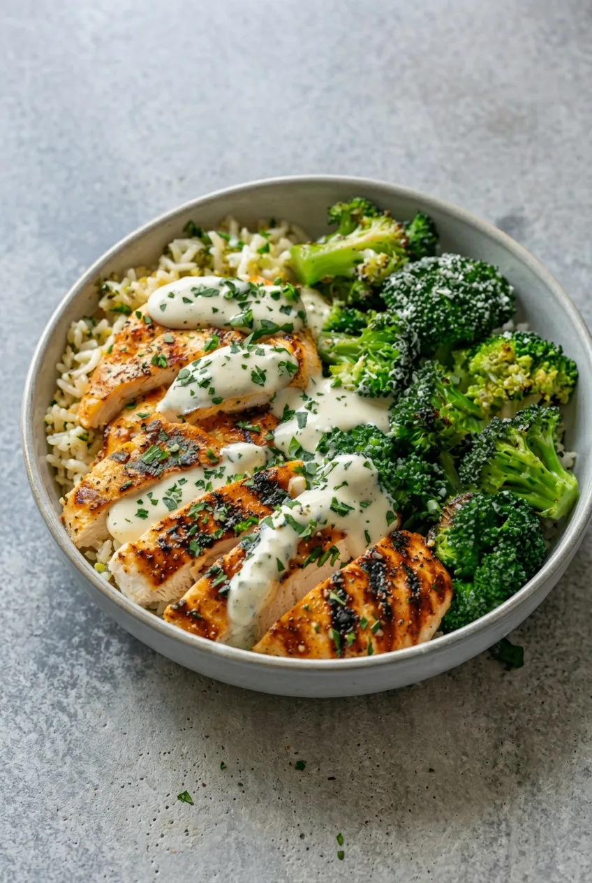 Complete grilled chicken and broccoli rice bowl on a neutral tabletop