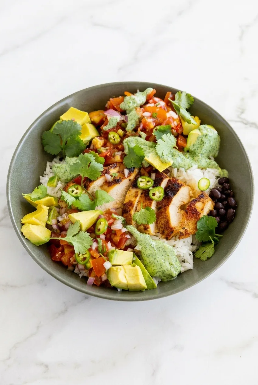 Complete chicken taco rice bowl on a light countertop, with fresh toppings and cilantro-lime sauce
