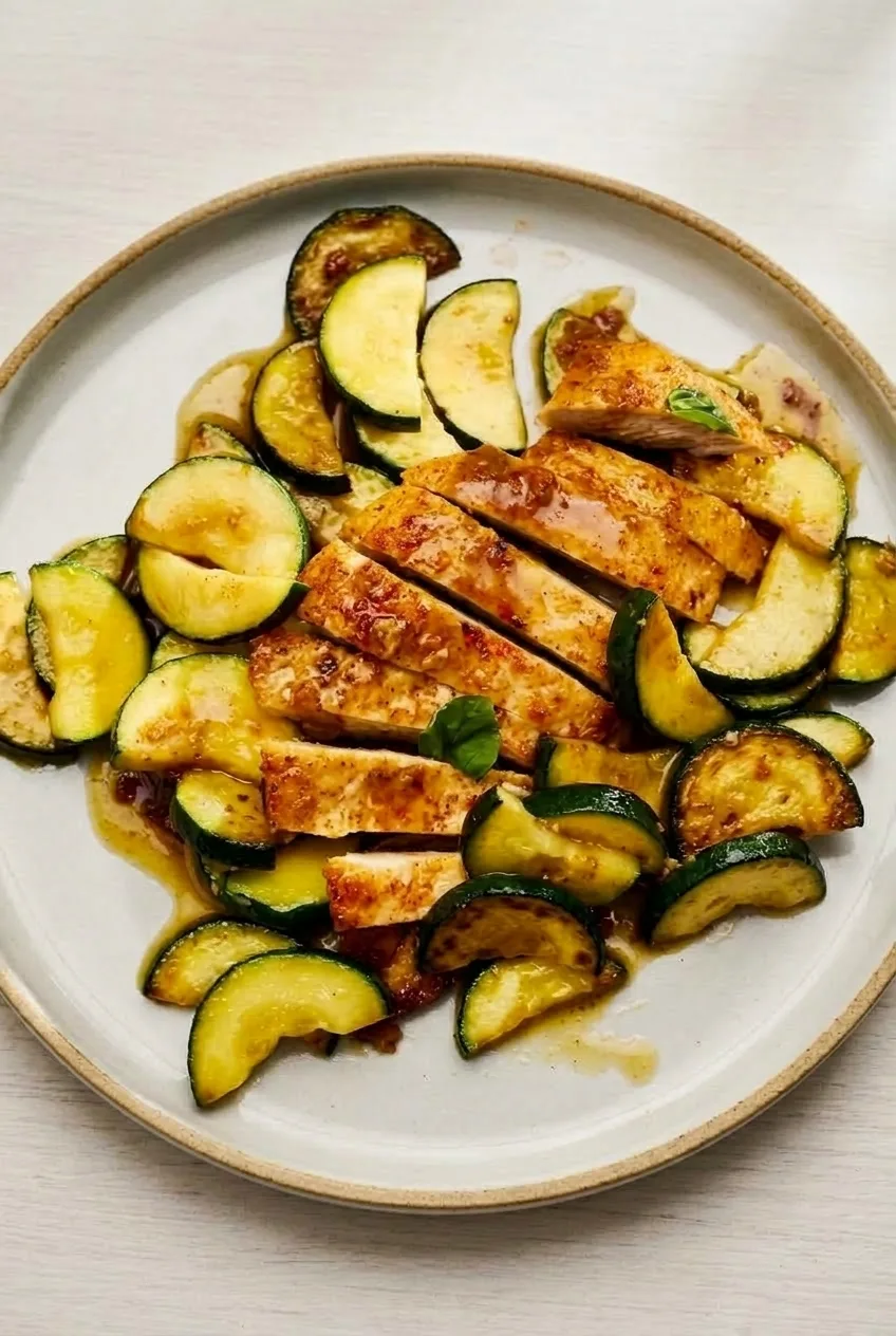 Full plate of garlic butter chicken and zucchini on a plain, pale surface