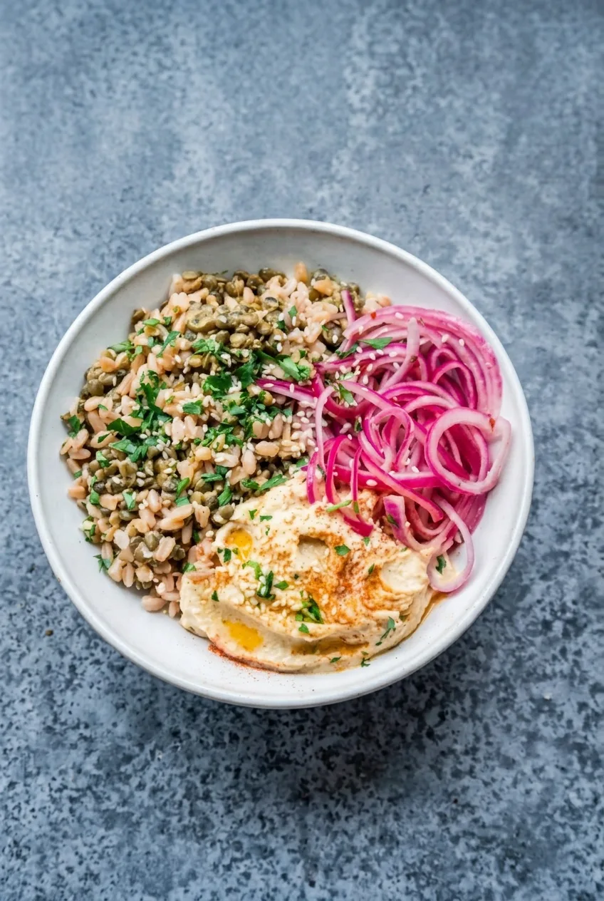 Complete lentil-and-rice bowl with pickled onions and hummus on a blue-gray tabletop