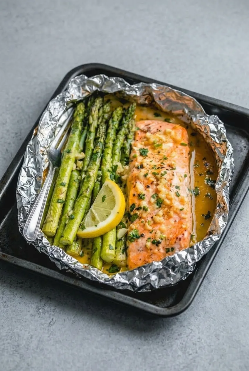 Wider view of the complete salmon and garlic asparagus dinner in its open foil-lined pan