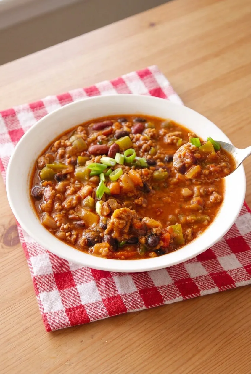 Full white bowl of classic beef chili with black and kidney beans, green pepper, and sliced scallions