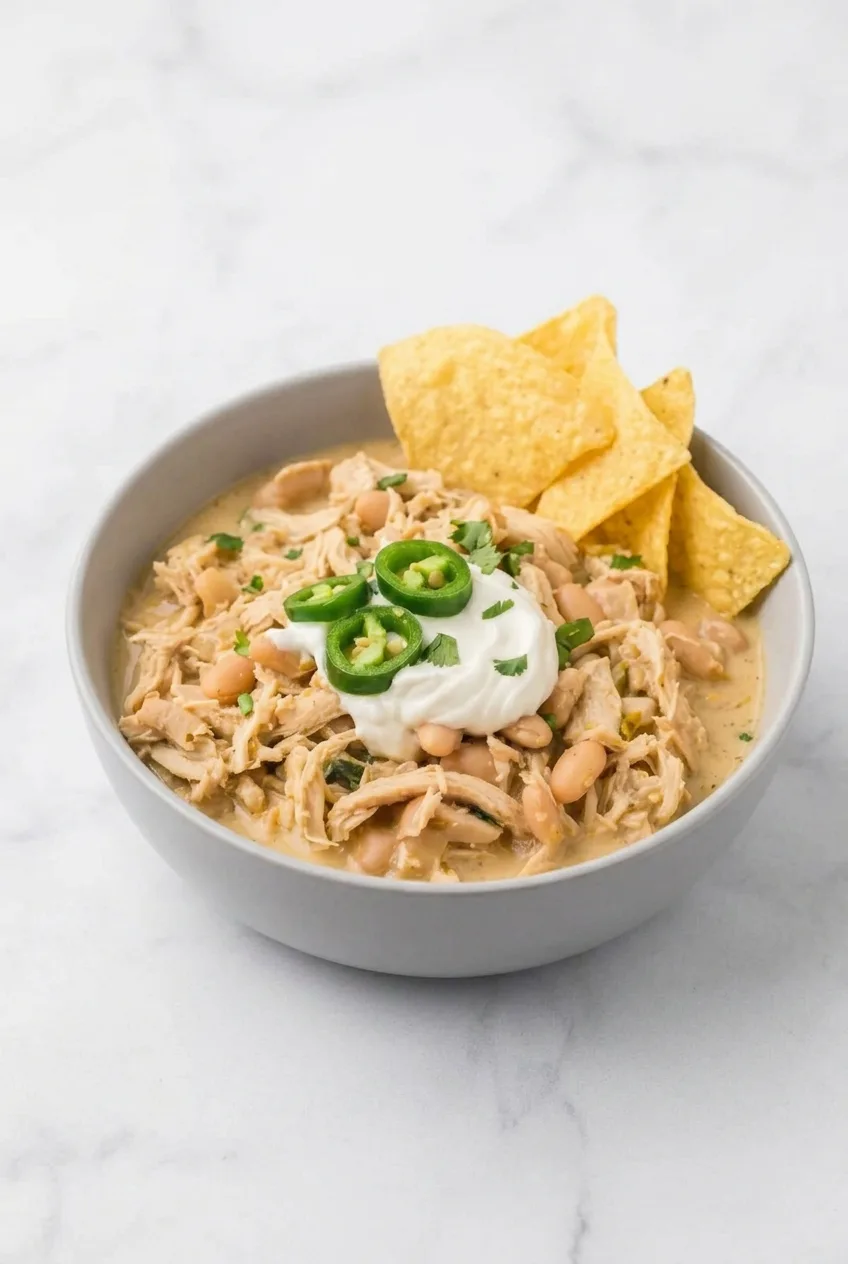 Full bowl of garnished white chicken chili on a light surface, with tortilla chips standing at the back