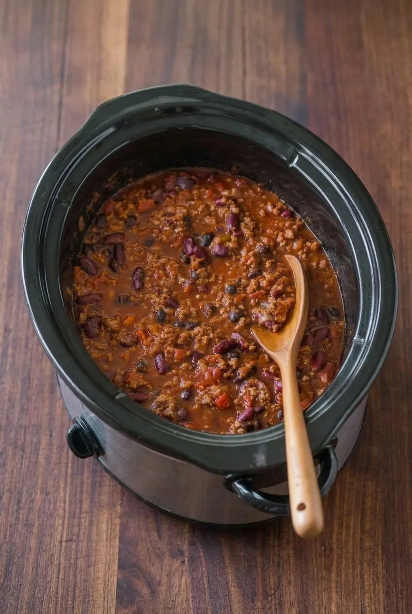 Full black slow cooker of beef-and-two-bean chili on a wooden table, with a serving spoon at the right