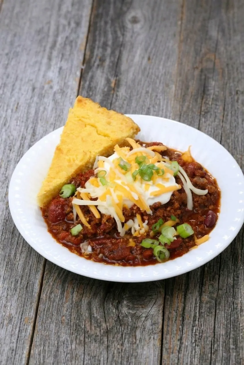 Full bowl of garnished turkey chili and a cornbread wedge on a wooden table