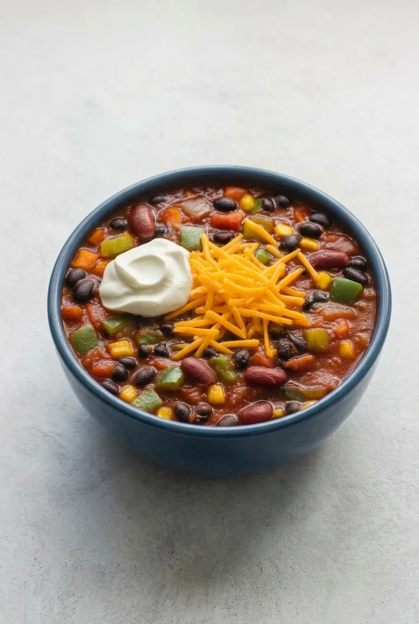 Complete blue bowl of topped vegetarian chili on a plain light gray surface