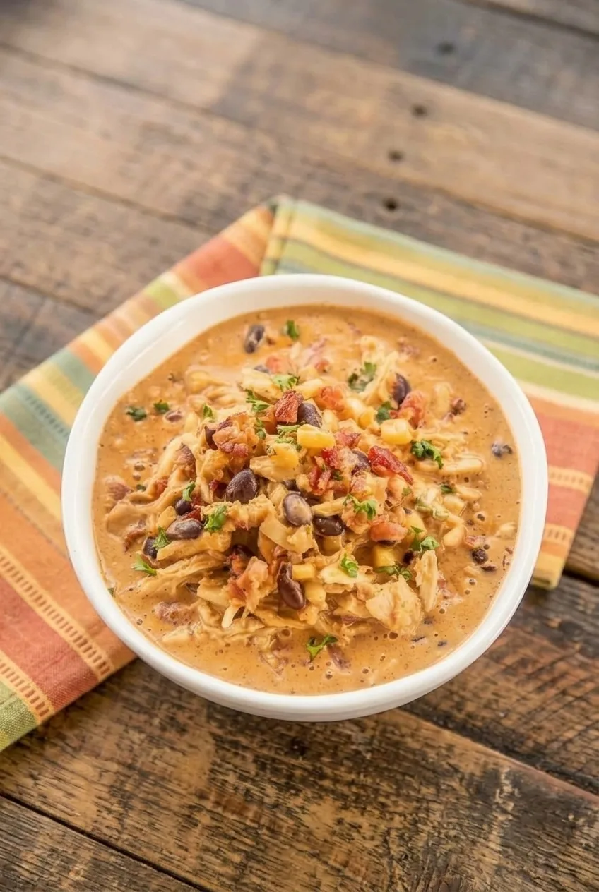 Complete bowl of crack chicken chili on a striped cloth with tabletop visible around it