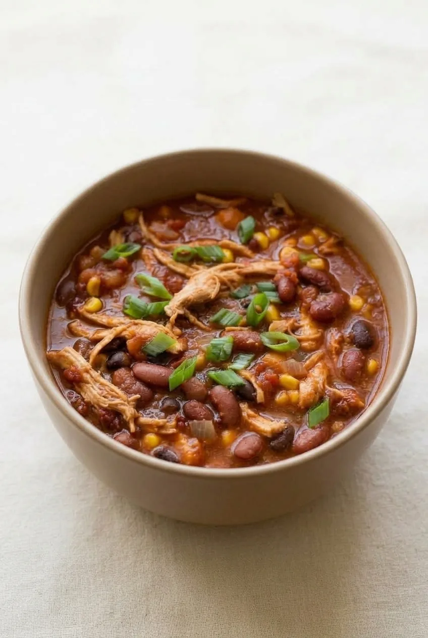 Complete bowl of chipotle chicken chili on a light tabletop, topped with sliced green onion