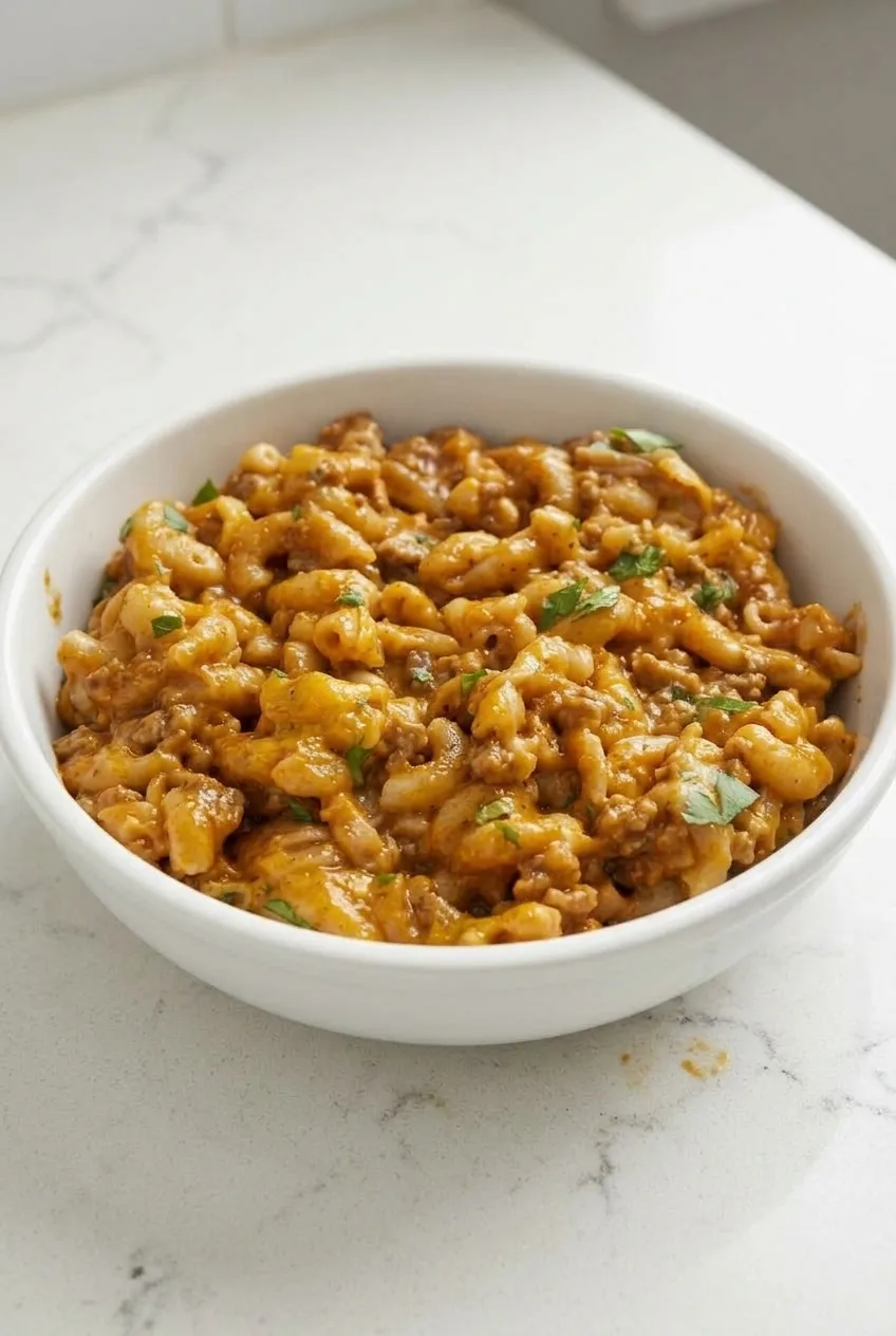 Complete white bowl of chili mac on a pale countertop, with elbow macaroni and parsley visible