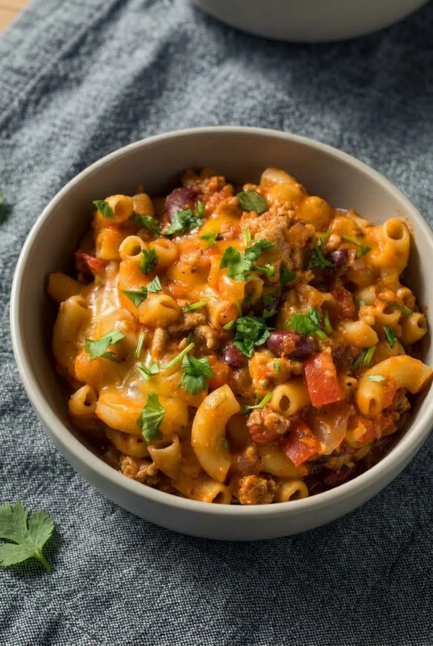 Complete bowl of slow cooker chili mac on a dark gray surface, topped with cheddar and cilantro
