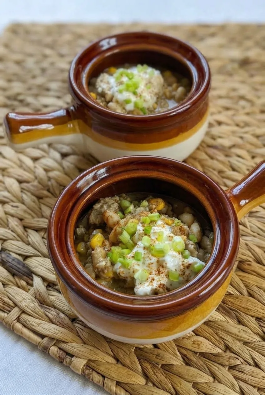 Two complete amber crocks of white bean turkey chili on a woven table surface