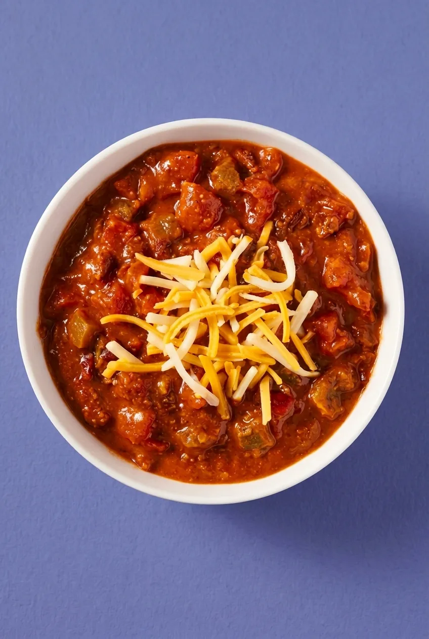 Complete bowl of cheese-topped beef chili with blue tabletop visible around it