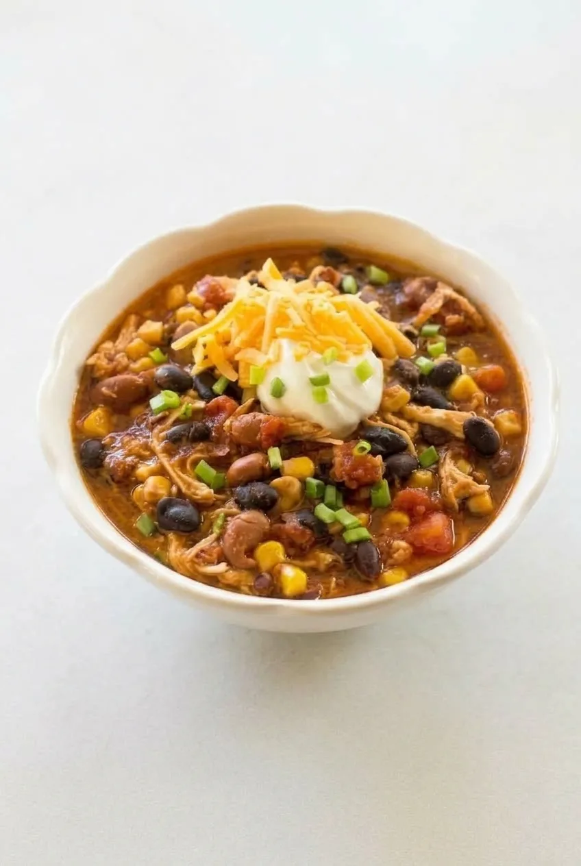 Complete bowl of topped chicken taco chili on a light surface