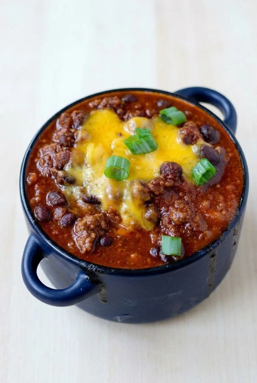 Complete bowl of cheddar-topped beef-and-bean chili on a light table