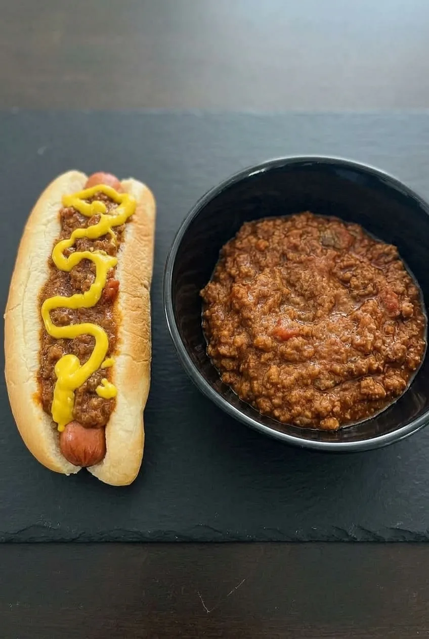 Wider view of a bowl of beef chili and a mustard-topped chili dog on a dark surface