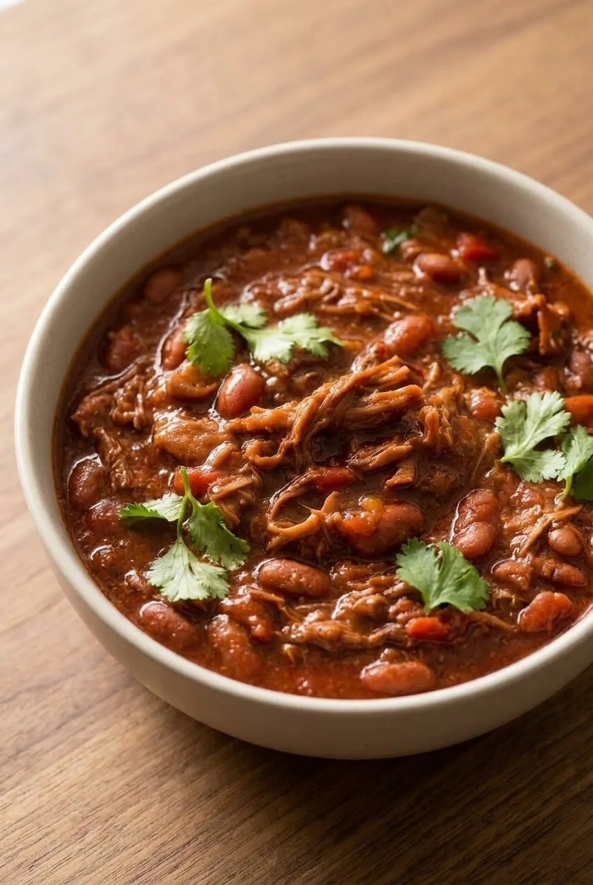 A bowl of shredded beef chili with pinto beans and a light cilantro garnish on a simple table.