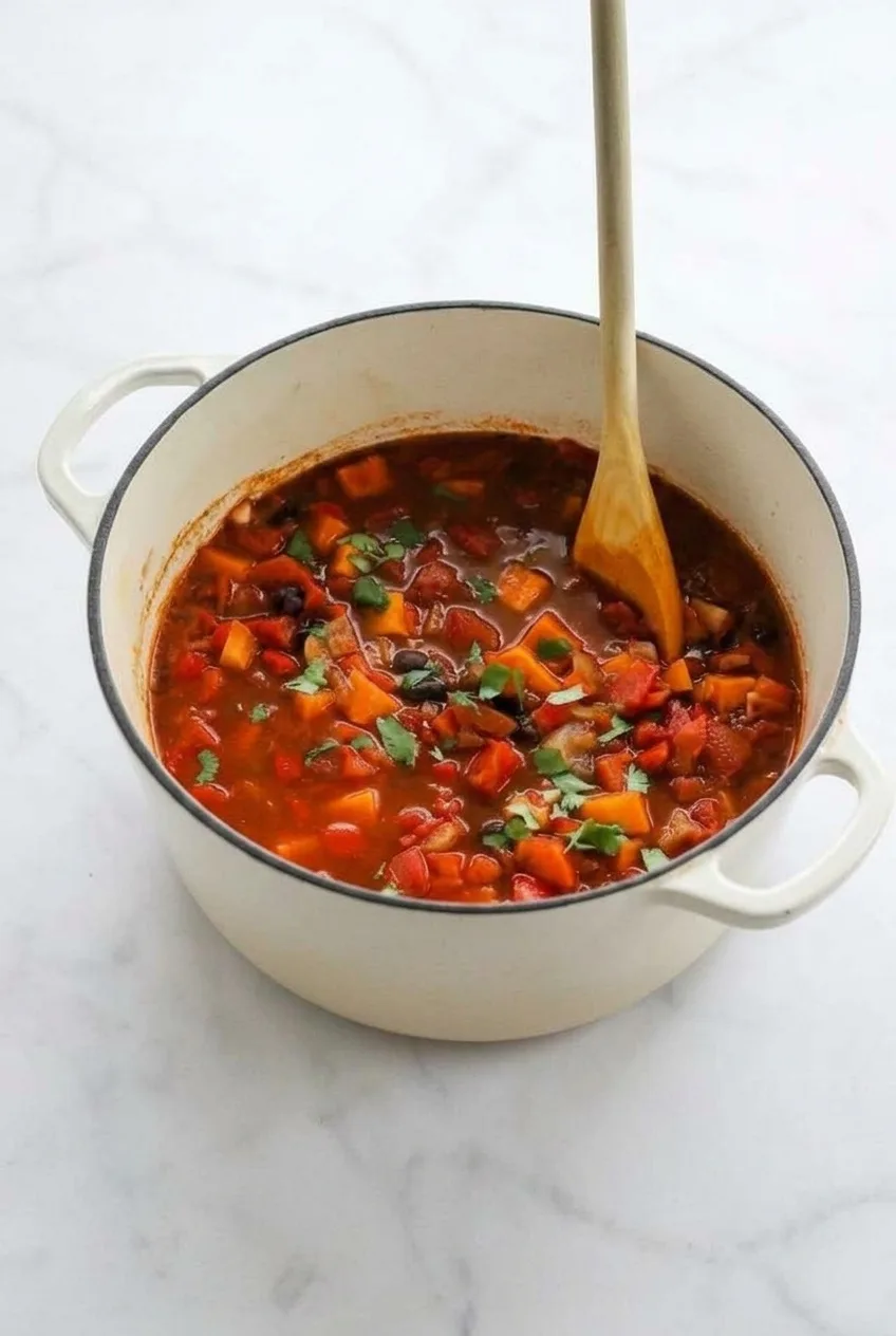 Full Dutch oven of black bean and sweet potato chili on a pale countertop