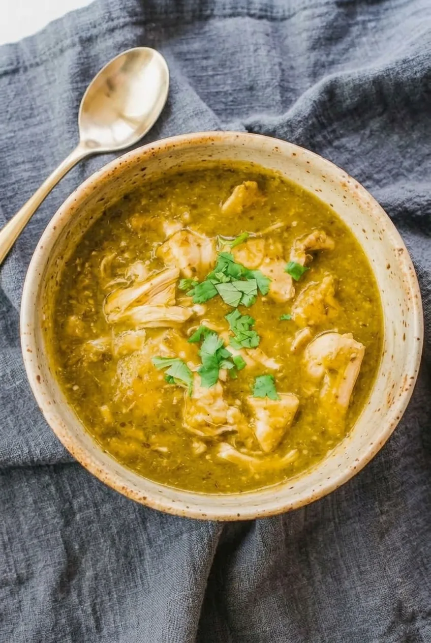 Complete bowl of chicken chili verde on dark gray fabric, with cilantro at the center