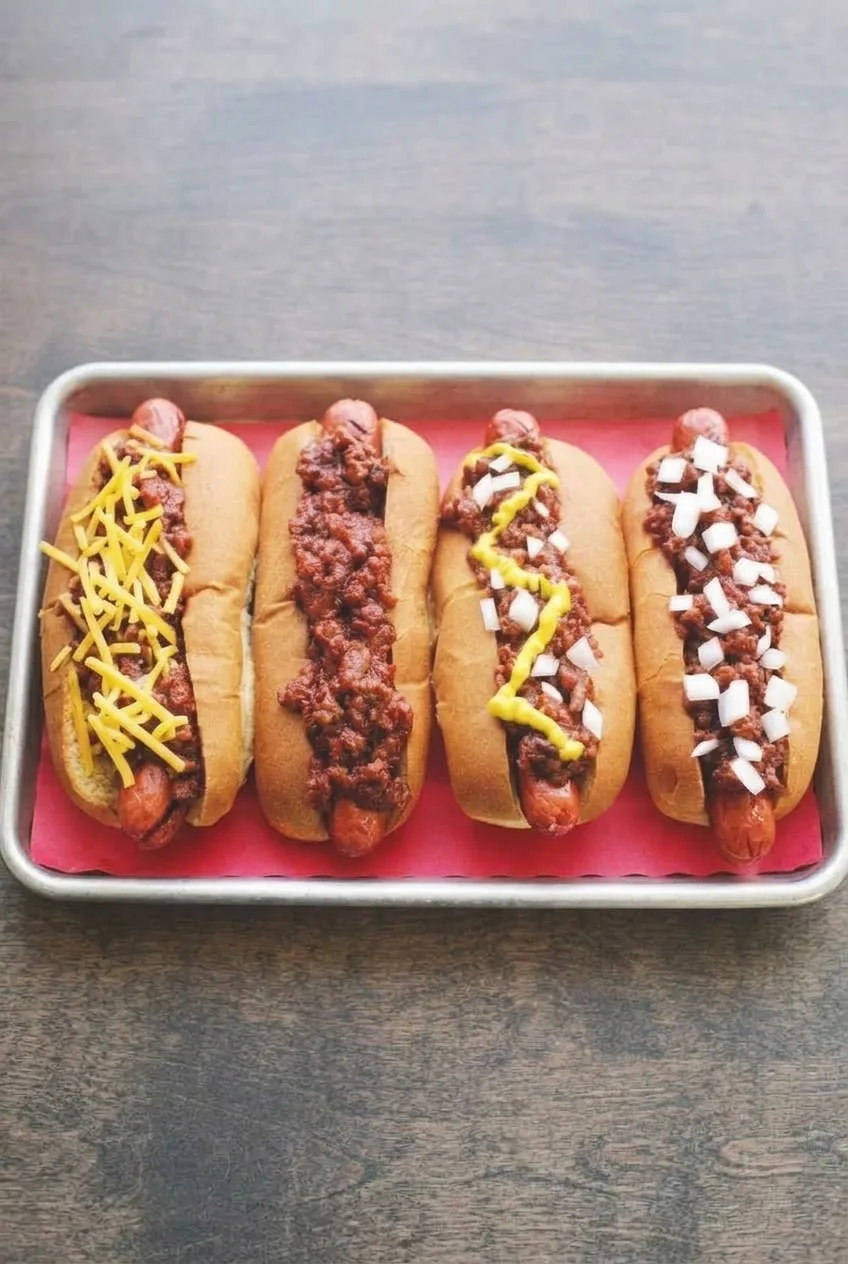 Full tray of four differently topped hot dog chili dogs on a table