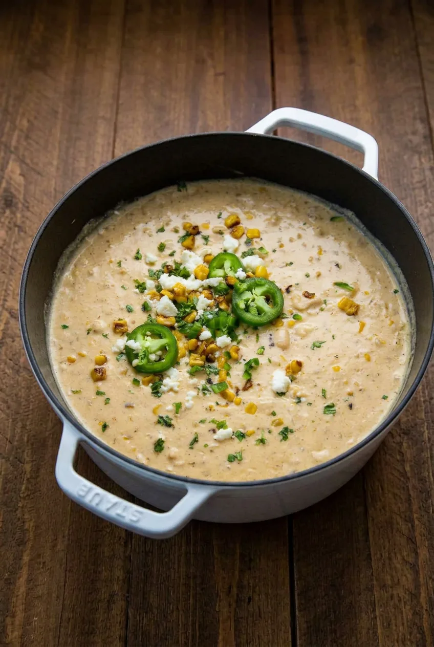 Wide view of a full Dutch oven of sweet corn white chicken chili on a wooden table