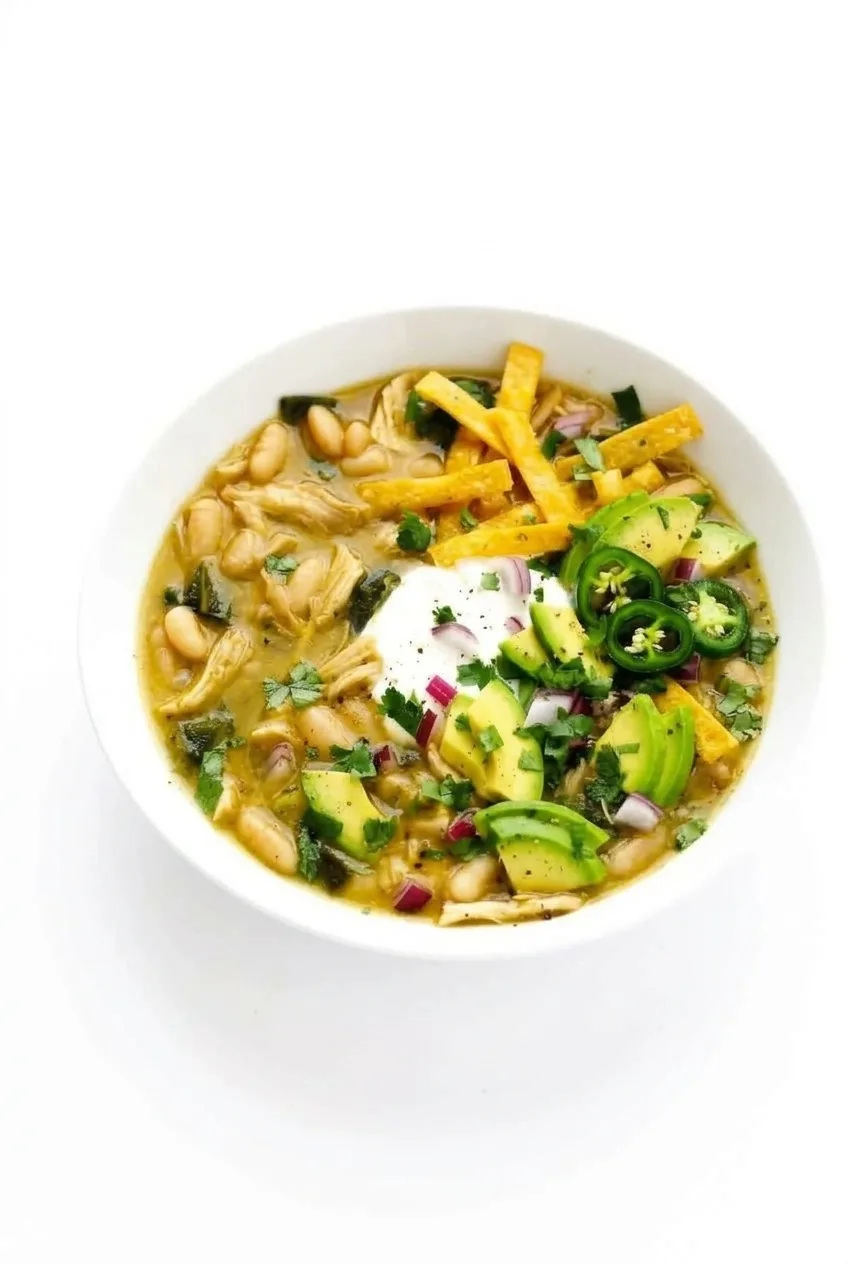 Complete bowl of poblano chicken chili with fresh toppings on a plain white surface