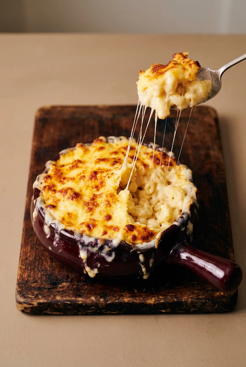 Full deep dish of baked mac and cheese on a wooden board, with one stretchy serving lifted above it