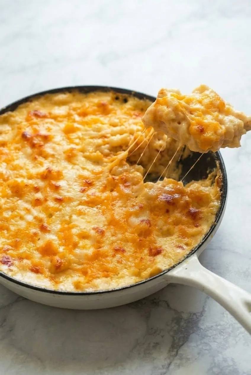 Full white skillet of Southern baked mac and cheese on a light surface, with one soft scoop lifted