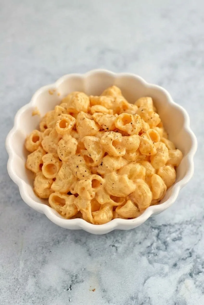 Full white scalloped bowl of creamy stovetop mac and cheese on a neutral surface
