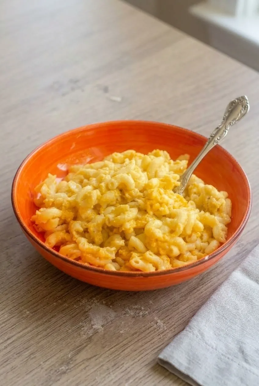 Full orange bowl of slow cooker four cheese mac and cheese on a neutral table