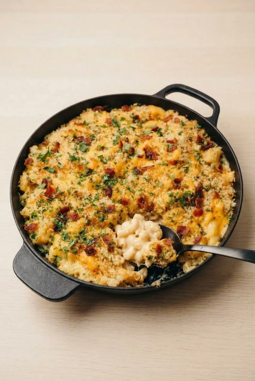 Full skillet of baked bacon mac and cheese with parsley and crisp bacon on a light tabletop